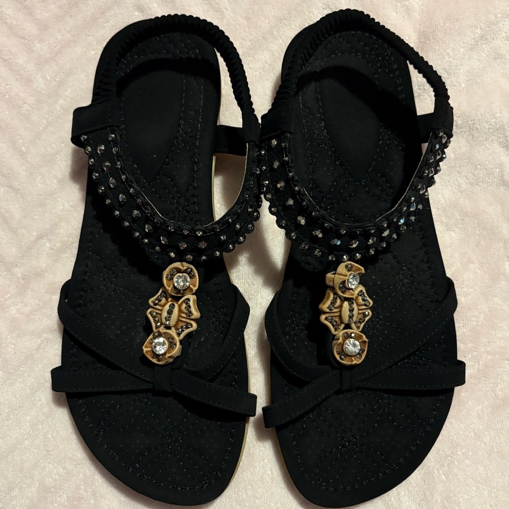 Black Jeweled Women's Sandals with Gold Accents